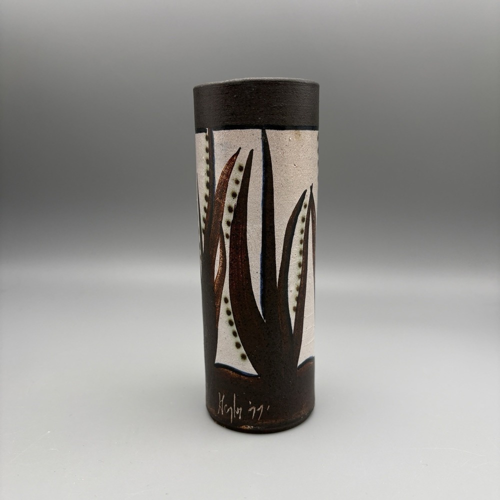 Vintage Scandinavian Vase Signed Leaves MCM Brown White 5.75"